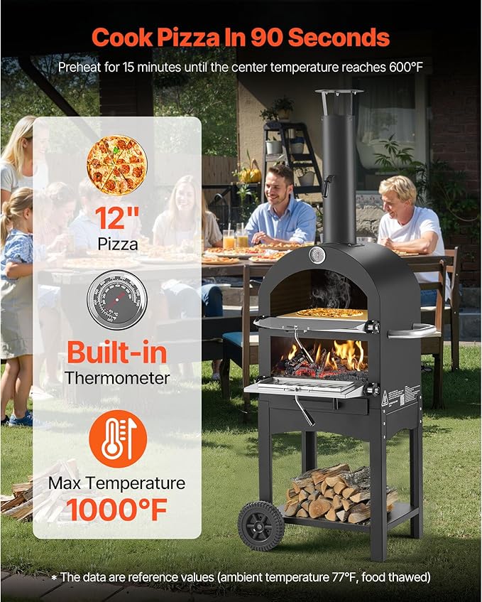 VEVOR Portable Outdoor Oven, 12-inch Stand Pizza Oven with Casters, Pellet & Chips & Charcoal & Firewood Four Fuel, Baked Paint Pizza Grill, Includes Pizza Stone, Pizza Shovel, for Camping & Backyard