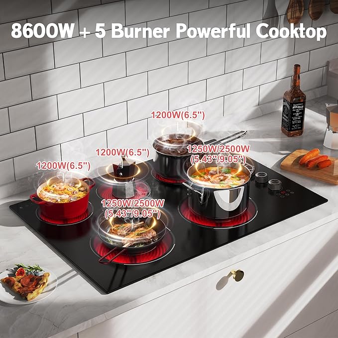 30 Inch Electric Cooktop 5 Burner Karienvir, 8600W Built-in Electric Stove Top, Cooktop 30" with Double-ring Burner, Knob & Touch Control, 9 Power Levels, Timer, Safety Lock, 220V-240V Hard Wire