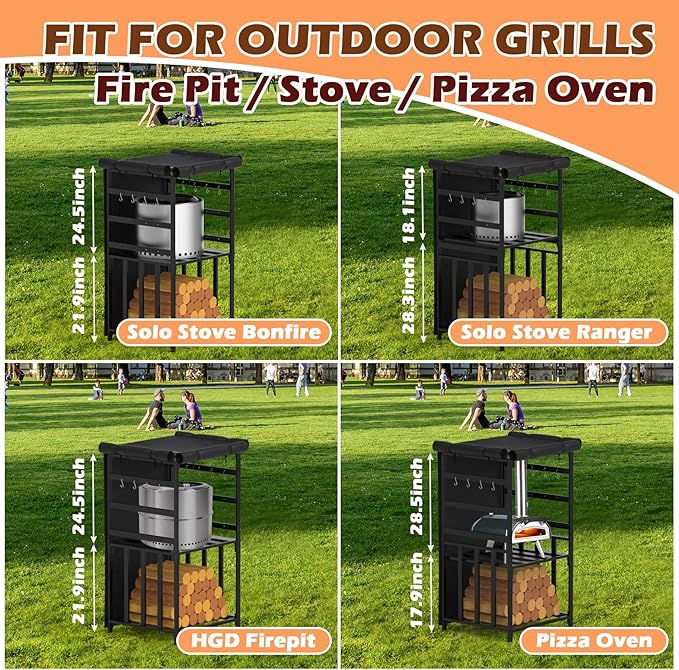 Firewood Storage Rack for Solo Stove Bonfire Ranger Yukon Fire Pit Accessories, Black Steel with Powder Coated Finish, Adjustable Shelves, Waterproof Cover, 29.9" x 25.6" x 52.9"