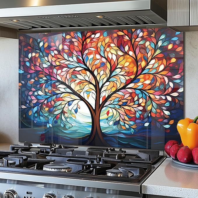 DAIFURONGE Tempered Glass Backsplash for Kitchen, Tree of Life Art Stove Backsplash Protector - Easy to Clean Wall Decor (Art Deco 2, 30"x16"(76.2x40.64cm))