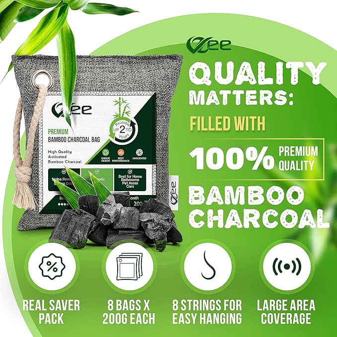 8 XL Bags x 200g Nature Fresh Activated Odor Absorber, Bamboo Charcoal Air Purifying Bag, Odor Eliminator for Home, Car, Cigarette Smoke, Dog, Cat, Shoes