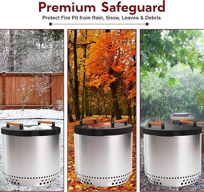 FEBTECH Fire Pit Cover Lid 27.5" – Heavy-Duty Round Metal Top for 27" Smokeless Fire Pits – 16 Gauge Powder-Coated Steel with Wooden Handles