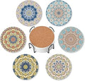 Mandala Set of 6 Coasters for Drinks Absorbing Round Ceramic Stone Coaster with Cork Base,Tabletop Protection Mat for Mugs and Cups,Office,Kitchen