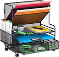 5 Tier Desk Organizer with Drawer & Pen Holders, Desk File Organizer Letter Tray Paper Organizer, Black