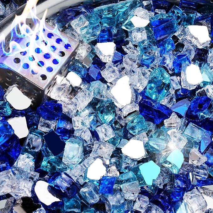 NUPICK 10 Pound Fire Glass for Fire Pit, 1/2 Inch Tempered Mixed Fire Glass in Bahama Blend for Propane Fire Pit & Gas Fireplace, Blue and White Fire Glass Rock