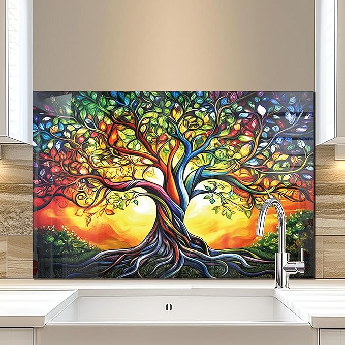 fzxwyishu Tree of Life,Tempered Glass Backsplash For Kitchen Behind Stove,Easy to Clean Kitchen Sink Cover Splash Guard, Home Kitchen Décor (color, 30"x14"(76.2x35.56cm))