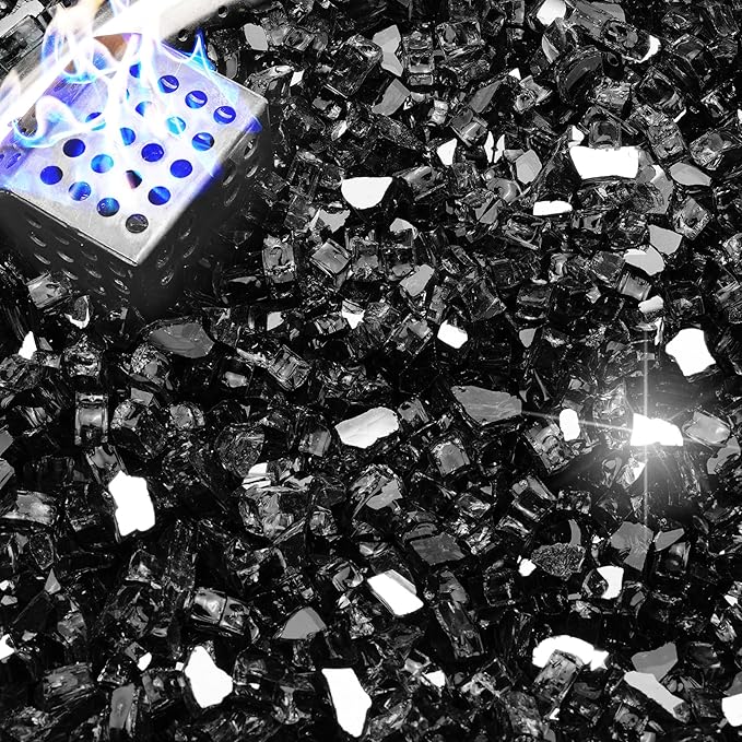 NUPICK 10 Pound Fire Glass, 1/4 Inch Reflective Fire Pit Glass, Tempered Firepit Glass Rock for Propane or Natural Gas, Glass Rocks for Fire Pit Table, Fireplace Glass for Landscaping, Black