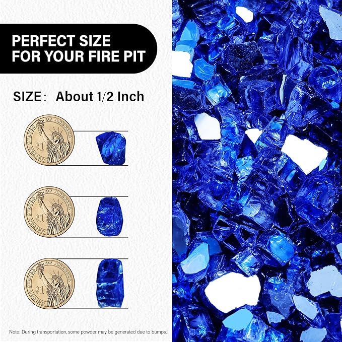 NUPICK 5 Pound Fire Glass, 1/2 Inch Reflective Fire Pit Glass, Tempered Firepit Glass Rock for Propane or Natural Gas, Glass Rocks for Fire Pit Table, Fireplace Glass for Landscaping, Blue