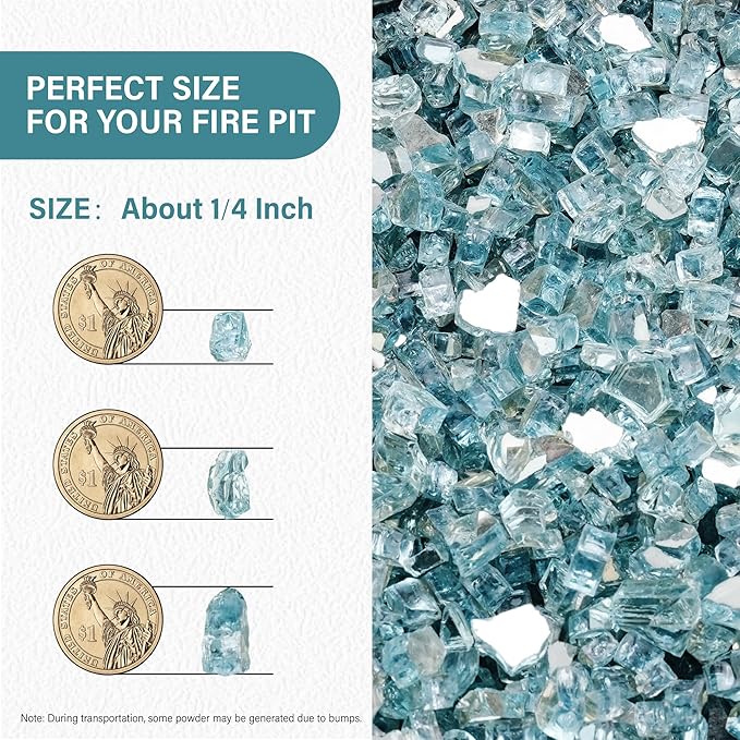 NUPICK 5 Pound Fire Glass, 1/4 Inch Reflective Fire Pit Glass, Tempered Firepit Glass Rock for Propane or Natural Gas, Glass Rocks for Fire Pit Table, Fireplace Glass for Landscaping, Aqua Blue