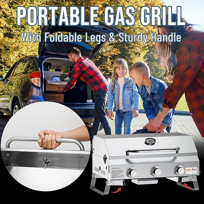 Tabletop Gas Grill 3 Burners, Portable Propane BBQ Grill with Foldable Legs & 22" Stainless Steel Grate for Outdoor Patio Backyard Barbecue, Camping Tailgating RV, 24000BTU High Output, Classic GS307