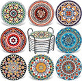 Coasters for Drinks,AODINI Set of 8 Absorbent Stone Coasters for Wooden Table, Mandala Ceramic with Cork Base, Gift for Housewarming Birthday and Family - Great Home and Dining Room Decor