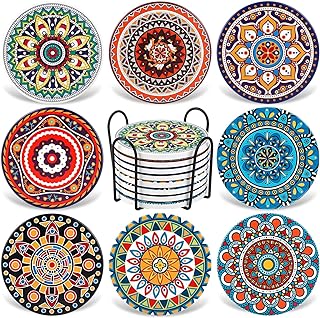 Coasters for Drinks,AODINI Set of 8 Absorbent Stone Coasters for Wooden Table, Mandala Ceramic with Cork Base, Gift for Housewarming Birthday and Family - Great Home and Dining Room Decor