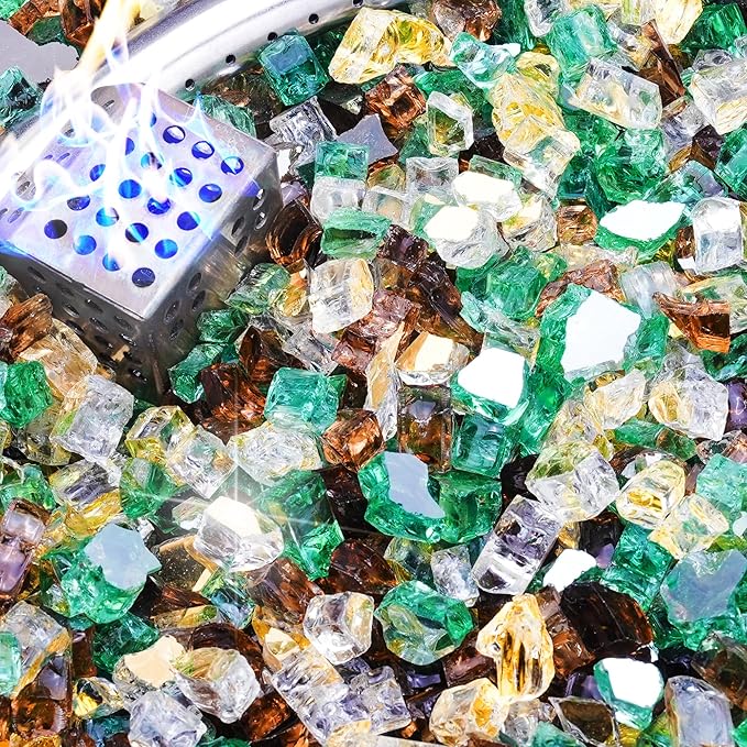 NUPICK 20 Pound Fire Glass, 1/2 Inch Reflective Fire Pit Glass, Tempered Firepit Glass Rock for Propane or Natural Gas, Glass Rocks for Fire Pit Table or Fireplace, Gold & Green & Copper Mix