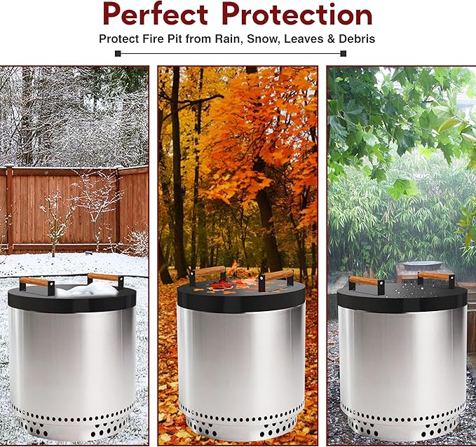 FEBTECH 15.5” Fire Pit Cover Lid Round - Fit for 15" Round Fire Pit Lid for Outdoor Fireplace Cover Lid - Steel fire Pit Metal Cover with Wooden Handle & Powder Coating Snuffer Lid for Patio Fire Pit