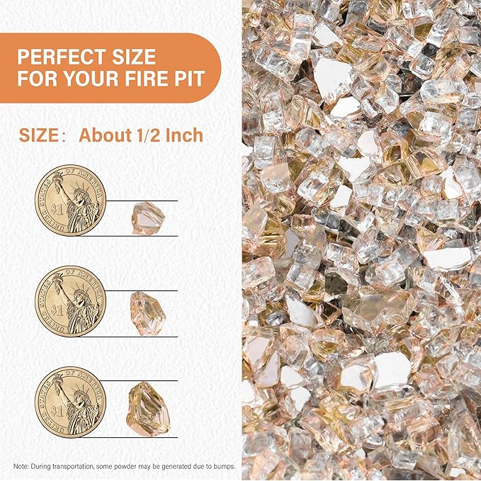NUPICK 10 Pound Fire Glass, 1/2 Inch Reflective Fire Pit Rocks, Fit with Fireplace Glass, Rose Gold
