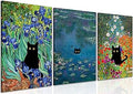 MUWAK Monet Wall Art Set of 3 - Funny Cat in Water Lilies Canvas Paintings Prints, Garden Flowers Black Cat Aesthetic Pictures for Room Bedroom Living Room Bathroom 12x16 Framed