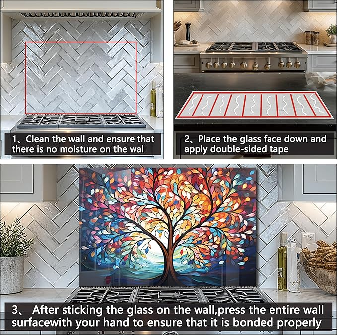 DAIFURONGE Tempered Glass Backsplash for Kitchen, Tree of Life Art Stove Backsplash Protector - Easy to Clean Wall Decor (Art Deco 2, 30"x24"(76.2x60.96cm))