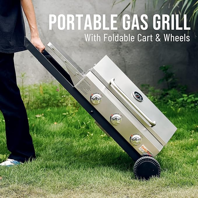 BBQ Gas Grill 3-Burner with Foldable Cart & Side Table, Premium Portable Propane Grill with 22" Cooking Grate for Outdoor Patio Backyard Barbecue Camping Tailgating RV, Stainless Steel, Classic GS308