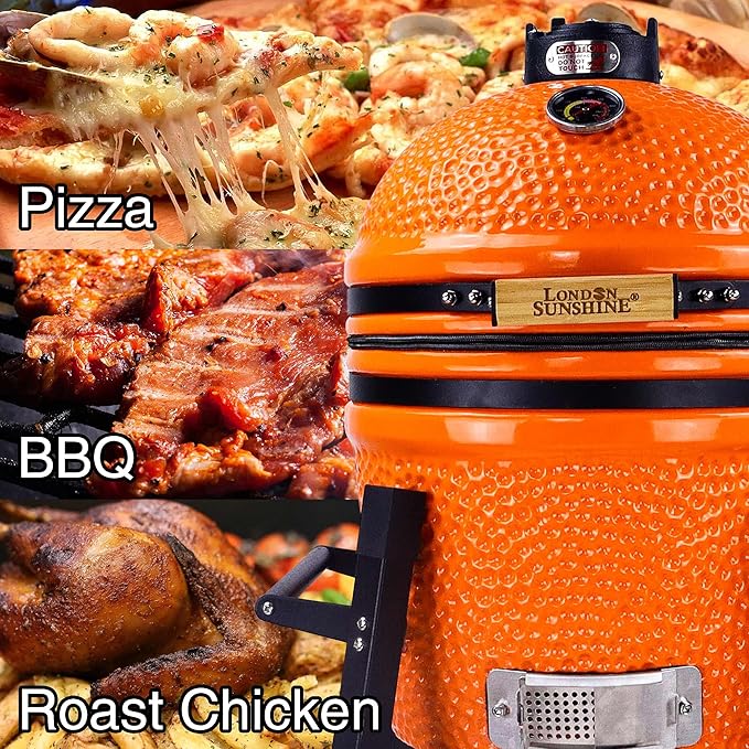 London Sunshine Ceramic Kamado Charcoal BBQ Grill and Smoker, Stainless Steel Grates -15" Ceramic with Tall Stand (ORANGE)