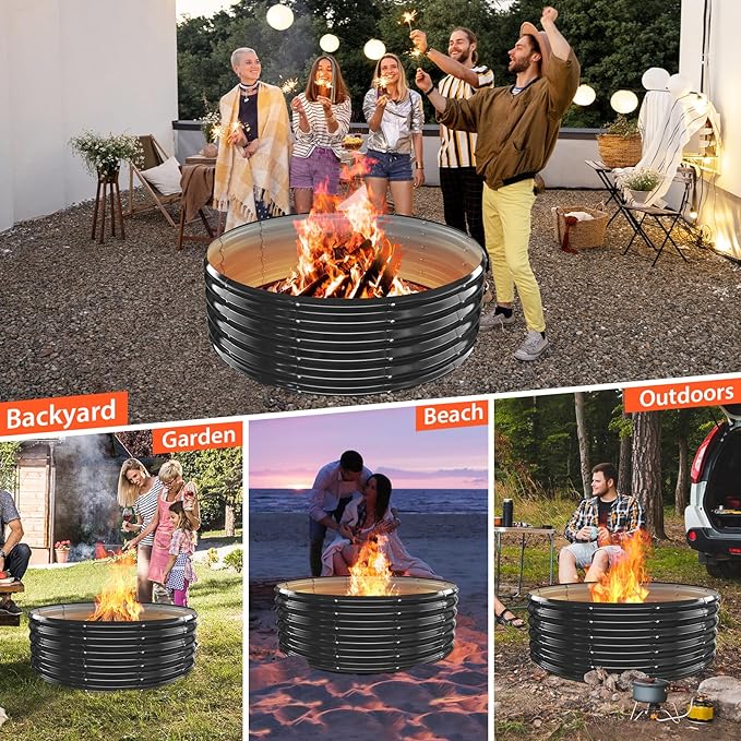 YSEJOMP 48 Inch Round Galvanized Fire Pit Ring/Fire Ring - Foldable and Perfect for Outdoor Gatherings and Campfires in The Yard/Garden/Park/Beach (Black+Gray, 4 FT Diameter+1.5 FT Tall)