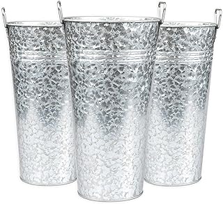 Ilyapa Galvanized Metal Flower Vase 3 Pack - 13" Tall Rustic Farmhouse Bucket Planter Pots