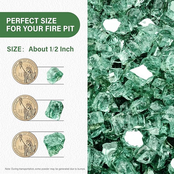 NUPICK 10 Pound Fire Glass, 1/2 Inch Reflective Fire Pit Glass, Tempered Firepit Glass Rock for Propane or Natural Gas, Glass Rocks for Fire Pit Table, Fireplace Glass for Landscaping, Green