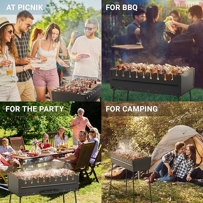 Charcoal Grill for 10 Skewers - Portable BBQ Mangal - Foldable Metal Grill for Shashlik, Kebab, Picnic, Outdoor Cooking (Skewers Not Included)