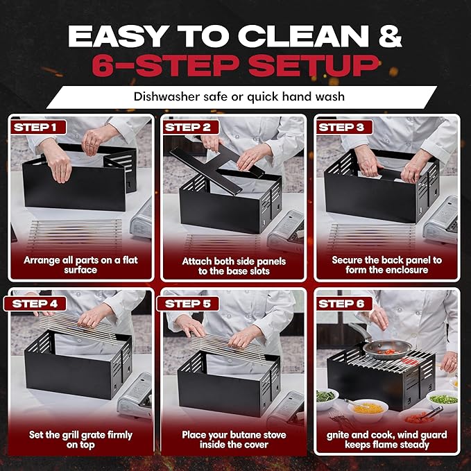 Chef Master Butane Stove Cover - Universal Fit for Any Standard Size - Premium Black Steel Collapsible Camp Wind Guard - Camping Windscreen & Grill Wind Blocker Panel - Outdoor Cooking Accessory 90278