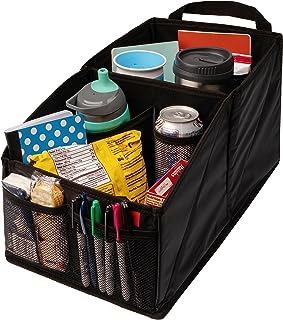 Lusso Gear Car Seat Organizer - Built-In Car Cup Holders & Mesh Pockets - Foldable Back Seat Organizer with Handles - Kids Road Trip Essentials - 9 Compartments, Black Oxford