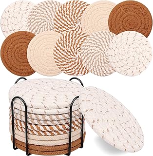 Mckanti 10 Pcs Drink Coasters with Holder, 5 Colors Absorbent Coasters for Drinks, Minimalist Boho Coasters Cotton Woven Coaster Set for Home Decor Tabletop Protection Suitable for Kinds of Cups