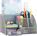 EasyPAG Mesh Desk Organizer with Drawer Multi-functional Pen Holder Stationery Organizer for Office School Supplies 6 Compartments Dorm Organizers and Storage for Desk, Silver