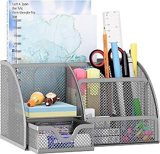 EasyPAG Mesh Desk Organizer with Drawer Multi-functional Pen Holder Stationery Organizer for Office School Supplies 6 Compartments Dorm Organizers and Storage for Desk, Silver