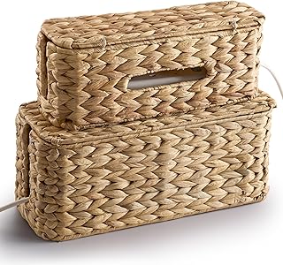 TIDITA Set of 2 Wicker Large Cable Management Box - Cord Box Hider for Home, Office - Water Hyacinth Cable Hider Box, Surge Protector Box for TV Wires, Computer - Power Strip Box - 3 Slots, Secure Lid