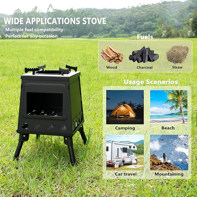 Camping Wood Stove, Portable Wood Burning Stove, Backpacking Folding Camp Tent Heat Mini Outdoor Stove with Carrying Bag, for Cooking Heating Picnic hiking BBQ Travel RV (Large)