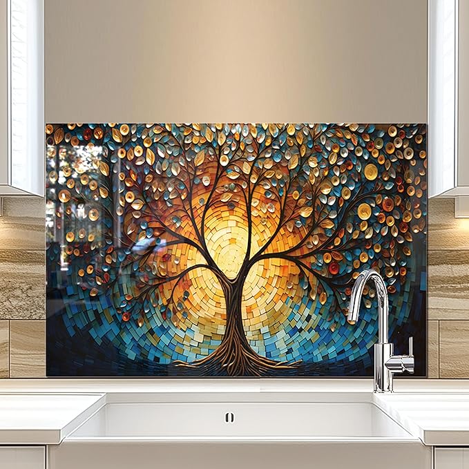 fzxwyishu Tree of Life,Tempered Glass Backsplash For Kitchen Behind Stove,Easy to Clean Kitchen Sink Cover Splash Guard, Home Kitchen Décor (blue, 30"x18"(76.2x45.72cm))