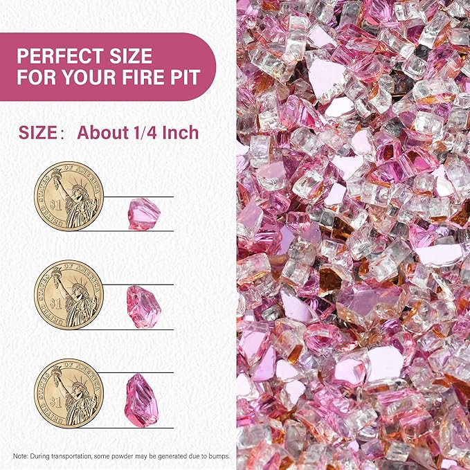NUPICK 10 Pound Fire Glass, 1/4 Inch Reflective Fire Pit Glass, Tempered Firepit Glass Rock for Propane or Natural Gas, Glass Rocks for Fire Pit Table, Fireplace Glass for Landscaping, Pink