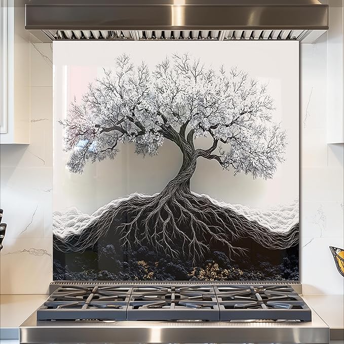 fzxwyishu Tree of Life,Tempered Glass Backsplash For Kitchen Behind Stove,Easy to Clean Kitchen Sink Cover Splash Guard, Home Kitchen Décor (White, 30"x30"(76.2x76.2cm))