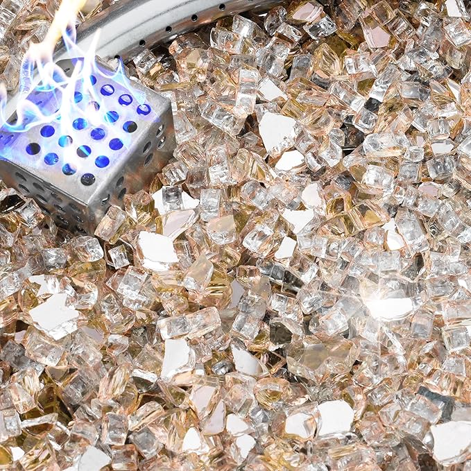 NUPICK 5 Pound Fire Glass, 1/2 Inch Reflective Fire Pit Glass, Tempered Firepit Glass Rock for Propane or Natural Gas, Glass Rocks for Fire Pit Table, Fireplace Glass for Landscaping, Rose Gold