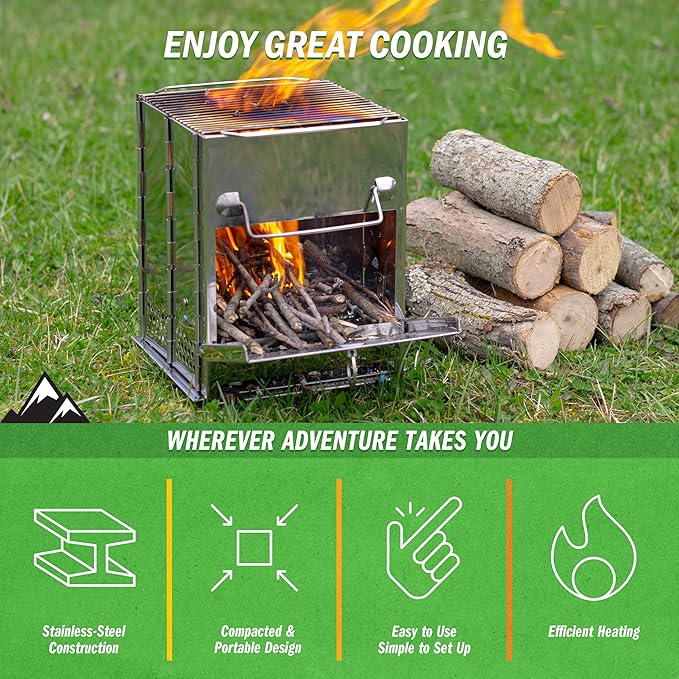 Camping Stove - Stainless-Steel Wood Burning Rocket Stove - Portable Grill for Beach, Picnic, Camp or Backpacking - Bushcraft Gear by Wakeman Outdoors