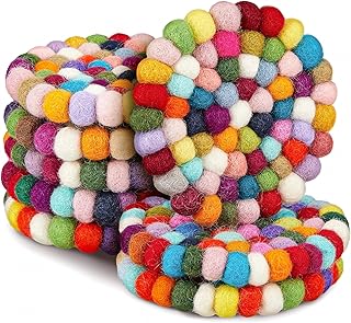 Tessco for you 8 Pcs Round Felt Ball Coasters Cute Table Coasters Wool Absorbent Handmade Felt White & Colorful Christmas Coaster for Drinks Office Home Bar Decor (Rainbow)