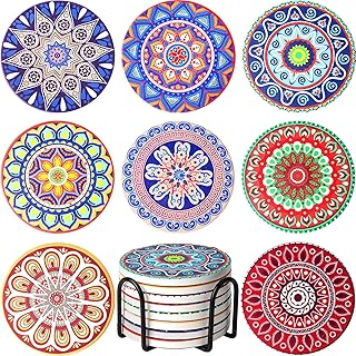 Drink Coasters with Holder Set of 8 Ceramic Boho Mandala Coasters for Drinks Absorbent Stone with Cork Base Colorful Decor for Coffee Beer Mugs Glasses Cups Housewarming Table Desk Protection