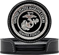 USMC Leather Coaster Set - 4 Premium Coasters with Hot Stamped Foil US Marines EGA Logo - Marine Corps Gift | USMC Leather Coasters