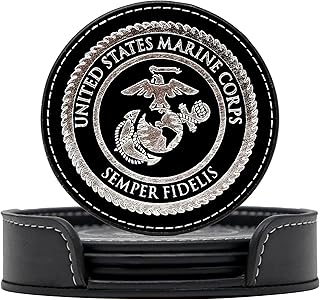 USMC Leather Coaster Set - 4 Premium Coasters with Hot Stamped Foil US Marines EGA Logo - Marine Corps Gift | USMC Leather Coasters