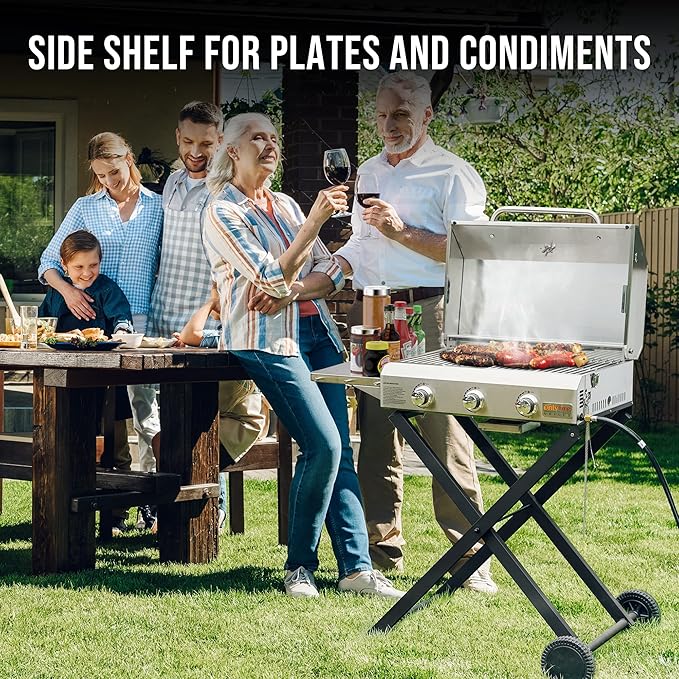 BBQ Gas Grill 3-Burner with Foldable Cart & Side Table, Premium Portable Propane Grill with 22" Cooking Grate for Outdoor Patio Backyard Barbecue Camping Tailgating RV, Stainless Steel, Classic GS308