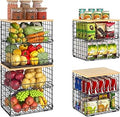 4 Pack Stackable Wire Baskets for Pantry Organizers and Storage, Pantry Baskets with Fixed Wooden Top, Fruit and Vegetable Storage Bins for Organizing Onion Potato Snack for Kitchen Cabinet/Countertop