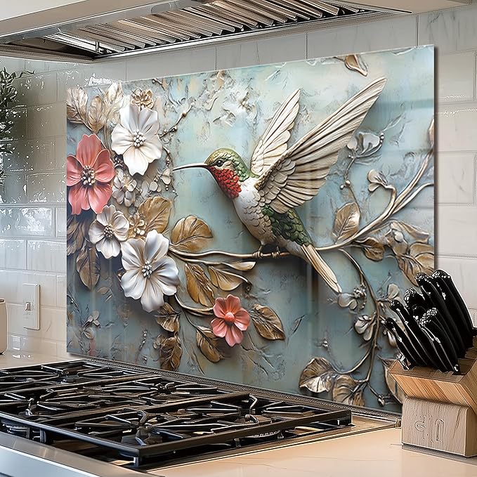 fzxwyishu Tempered Glass Kitchen Backsplash, Stove Back Top Cover, Splashback Tile,Hummingbird Kitchen Sink Cover Splash Guard, Home Kitchen Decor (Art Deco 1, 30"x30"(76.2x76.2cm))
