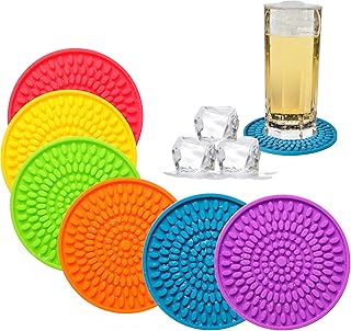 Colorful Coasters for Drinks Absorbent, Rubber Drink Coaster Set, Silicone Rainbow Coasters for Kids Coffee Table Desk, 4.3 Inch Oval Shape Deep Tray Pot Holder Trivet (Set of 6)