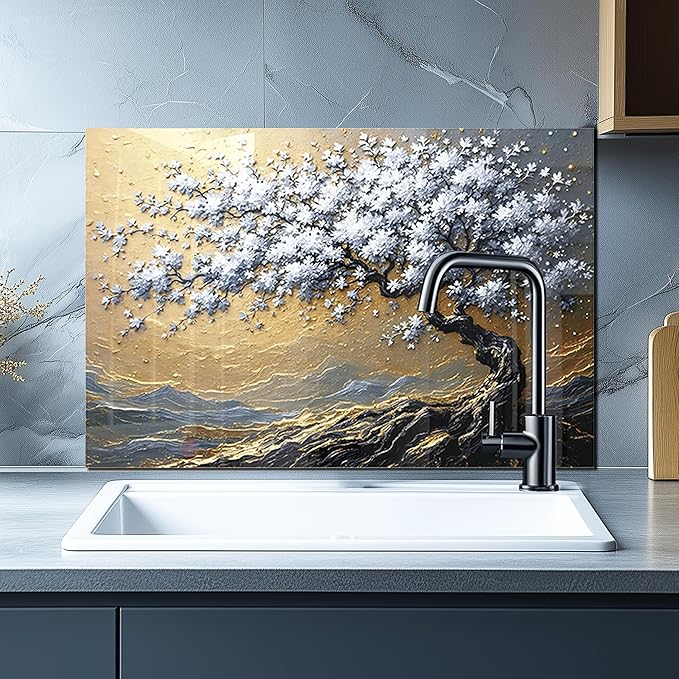 DAIFURONGE Tempered Glass Backsplash for Kitchen, Tree of Life Art Stove Backsplash Protector - Easy to Clean Wall Decor (Art Deco 4, 30"x20"(76.2x50.8cm))