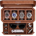 ROTHWELL 4 Slot Leather Watch Box with Valet Drawer - Luxury Case Display Jewelry Organizer, Locking Display Case Holder with Real Glass Top - Watch Box Organizer for Men & Women (Tan)