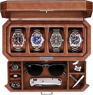 ROTHWELL 4 Slot Leather Watch Box with Valet Drawer - Luxury Case Display Jewelry Organizer, Locking Display Case Holder with Real Glass Top - Watch Box Organizer for Men & Women (Tan)